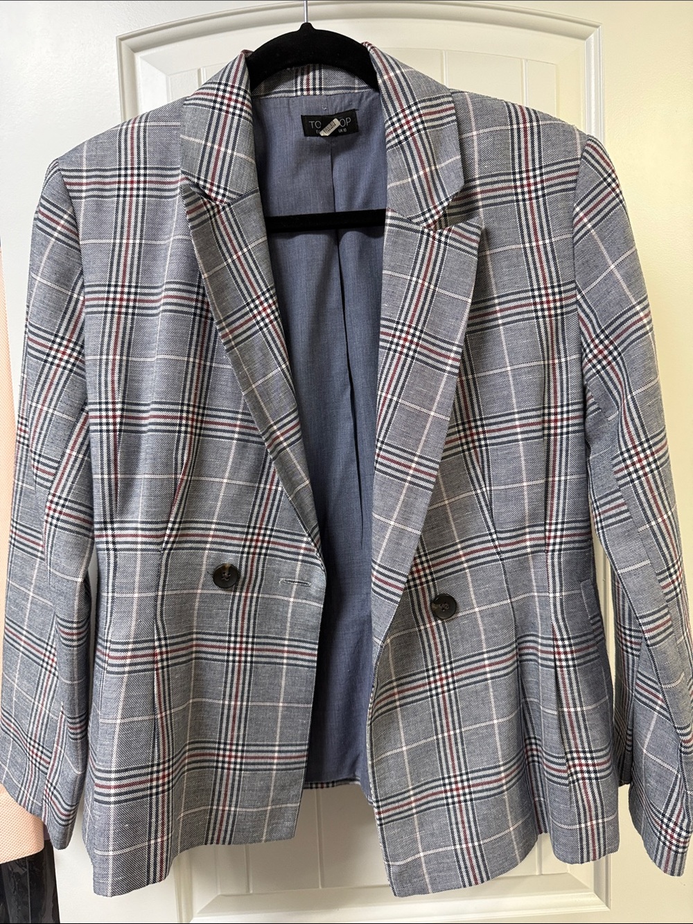 Topshop Gray Plaid Double-Breasted Sport Coat with Red Windowpane